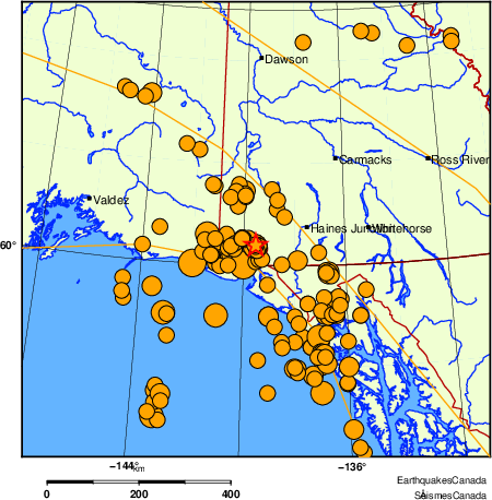 Map of historical earthquakes magnitude 5.0 and larger.  Details in the data table below
