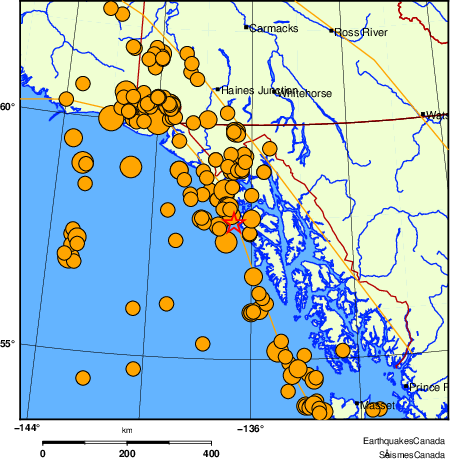 carte des séismes historiques de magnitude 5,0 et plus. Détails dans le tableau de données ci-dessous