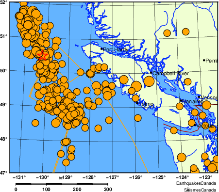 carte des s&eacute;ismes historiques de magnitude 5,0 et plus.  Détails dans le tableau de données ci-dessous