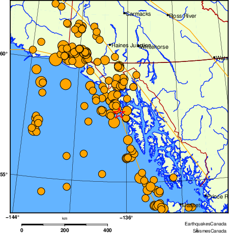 carte des s&eacute;ismes historiques de magnitude 5,0 et plus.  Détails dans le tableau de données ci-dessous