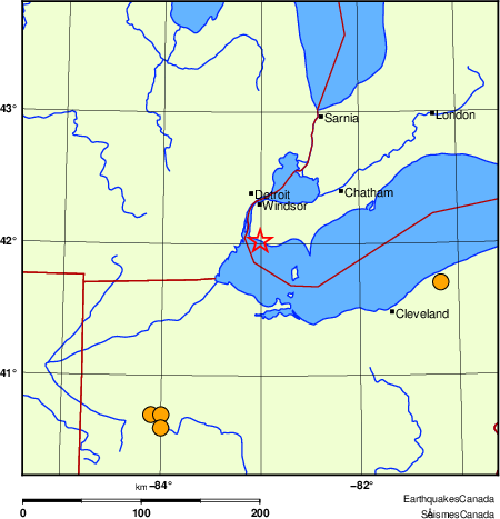 Map of historical earthquakes magnitude 5.0 and larger.  Details in the data table below