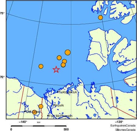 Map of historical earthquakes magnitude 5.0 and larger.  Details in the data table below