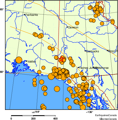 Map of historical earthquakes magnitude 5.0 and larger.  Details in the data table below