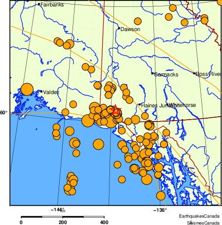 Map of historical earthquakes magnitude 5.0 and larger.  Details in the data table below