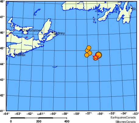 carte des s&eacute;ismes historiques de magnitude 5,0 et plus.  Détails dans le tableau de données ci-dessous