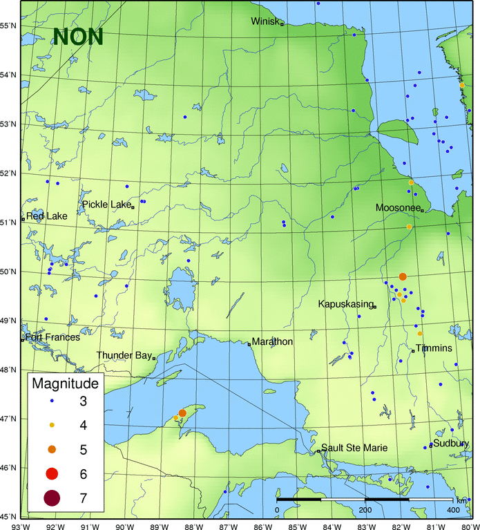 Map of historic events in the Northeastern Ontario Seismic Zone