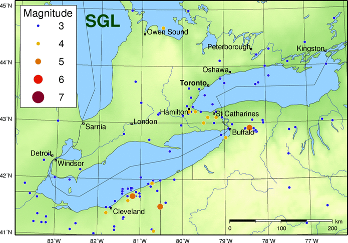 Map of historic events in the southern Great Lakes Seismic Zone